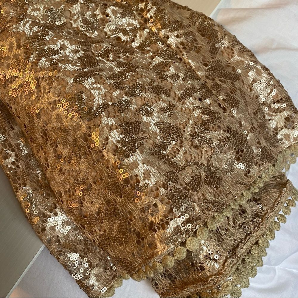 C. Luce Gold champagne all over Sequins formal Dress v neck cap sleeve NYE L - Picture 4 of 15